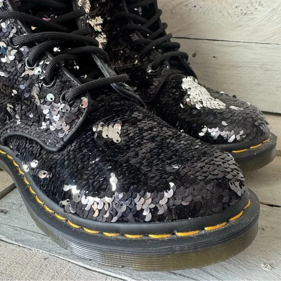 Dr. Martens Black Sequin Combat Boots - Picture 2 of 12